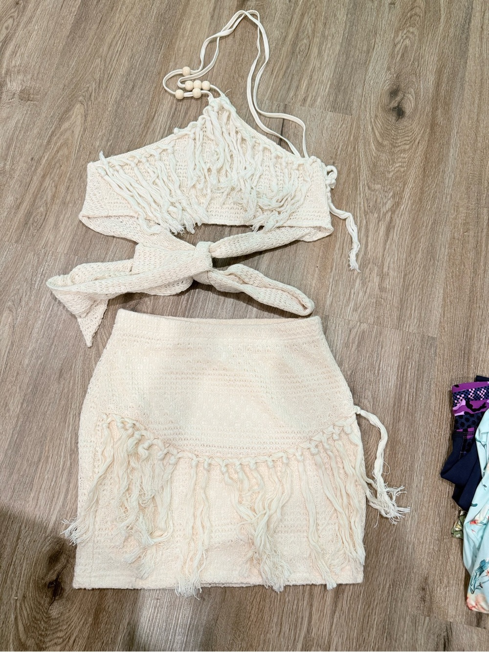 Cream Crochet Fringe Mini Dress Set - Women